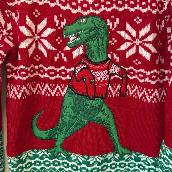 Christmas Dinosaur Fair Isle Knit Sweater Unisex Small Red Green - Picture 2 of 5